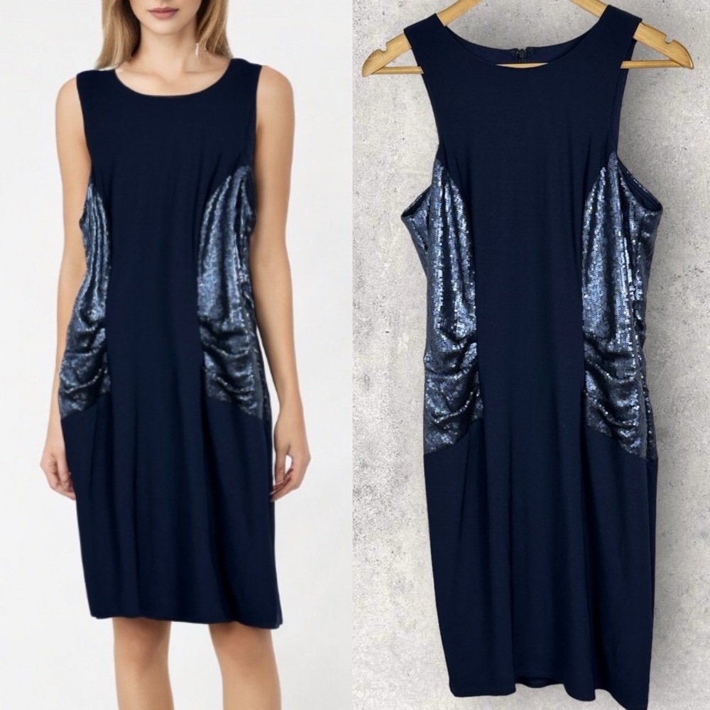 XSCAPE Blue Sequin Shift Dress Size 10 USA Made Stretch‎ Sleeveless Party Midi